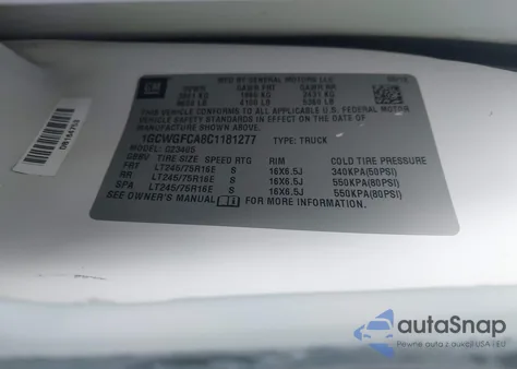 2012 Chevrolet Express 2500 Work Van z USA, uszkodzony, nr VIN 1GCWGFCA8C1181277